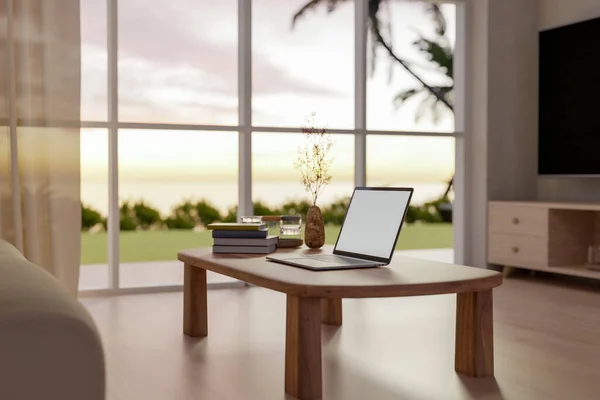 笔记本电脑白色的屏幕上的木制咖啡桌与装饰舒适的当代客厅大窗户和美丽的自然景观模型 3D渲染 3D说明 — 图库照片