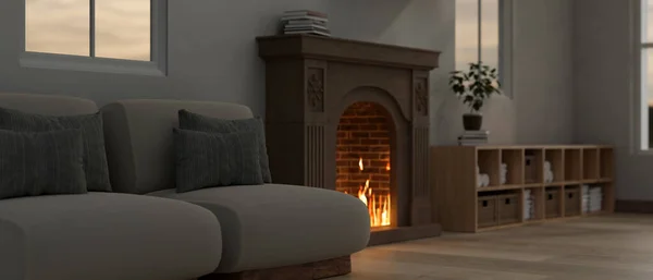 快適なソファ 古典的な木製の暖炉 木製のキャビネットや装飾植物と居心地の良い現代的なリビングルームのインテリアデザイン 3Dレンダリング 3Dイラスト — ストック写真