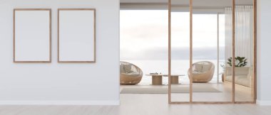 Sanat eserlerinizi, hasır plaj sandalyelerinizi, sehpanızı ve dekorunuzu sergilemek için beyaz duvarda boş çerçeveleri olan güzel, beyaz ve minimal oturma odası. 3d görüntüleme, 3d illüstrasyon