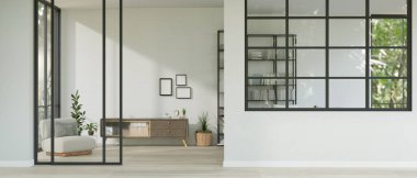 Rahat koltuğu, ahşap dolabı ve dekorasyonu olan modern, minimal beyaz oturma odası iç tasarımı. 3d görüntüleme, 3d illüstrasyon