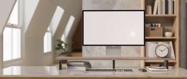 Modern çağdaş çalışma alanı bilgisayar beyaz ekran maketi ile mermer masa üzerinde modern odanın bulanık arkaplanı üzerinde klavye ve aksesuarlar ile. 3d görüntüleme, 3d illüstrasyon