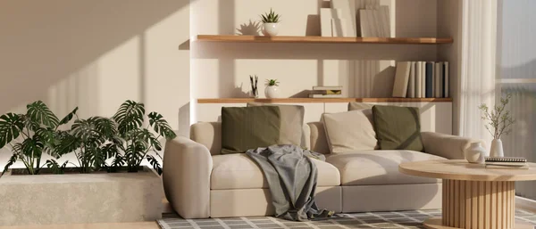 舒适舒适的客厅室内设计 沙发上有舒适的枕头 咖啡桌 室内植物 内置式架子装饰 3D渲染 3D说明 — 图库照片