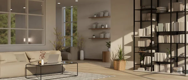 ベージュのソファ コーヒーテーブルのラップトップ 家の装飾が施された快適で最小限の家庭用リビングルームのインテリアデザイン 3Dレンダリング 3Dイラスト — ストック写真