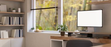 Modern bir modern ofis çalışma alanı iç tasarımının, pencere ve beyaz duvar, raflar ve dekor karşısında bilgisayar modellemesi olan yan görüntüsü. 3d görüntüleme, 3d illüstrasyon