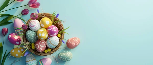 Hermoso Telón Fondo Pascua Con Coloridos Huevos Pascua Una Canasta — Foto de Stock