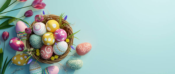 Beautiful Easter backdrop with colorful Easter eggs in a wicket basket and tulips on a blue background with copy space for display your text. 3d render, 3d illustration