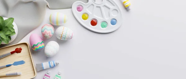 Workspace top view with beautiful and colorful Easter eggs, palette, painting brushes, acrylic colors and copy space on white background. Easter holiday background. 3d render, 3d illustration