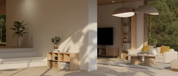 Moderno Diseño Interior Salón Espacioso Lujo Con Sofá Cómodo Colgantes —  Fotos de Stock