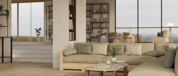 Desain Interior Ruang Tamu Modern Yang Luas Dengan Sofa Yang — Stok Foto