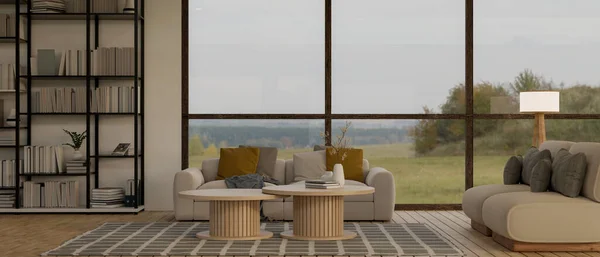 美しい牧草地の景色を望む大きな窓に対して快適なソファ付きの美しい広々としたリビングルームのインテリアデザイン コーヒーテーブル 家の装飾 3Dレンダリング 3Dイラスト — ストック写真