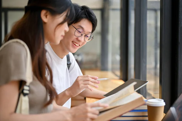 Handsome Smart Young Asian Male College Student Tutoring History His — Stock Photo, Image