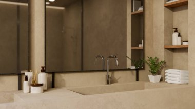 Modern çağdaş ve lüks banyo iç tasarımının yakın plan görüntüsü. Tuvalet malzemeleri, çift modern lavabo ve ayna. 3d görüntüleme, 3d illüstrasyon