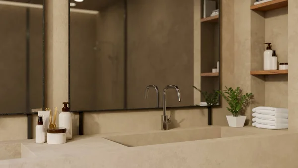 Detailní Záběr Moderního Luxusního Designu Interiéru Koupelny Toaletními Potřebami Dvojitým — Stock fotografie