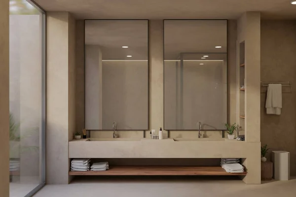 现代化的现代豪华浴室室内设计 配有卫浴用品 双层现代水池和大窗户附近的镜子 3D渲染 3D说明 — 图库照片