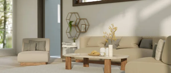 Cómodo Minimalista Diseño Interior Sala Estar Con Sofá Acogedor Mesa —  Fotos de Stock
