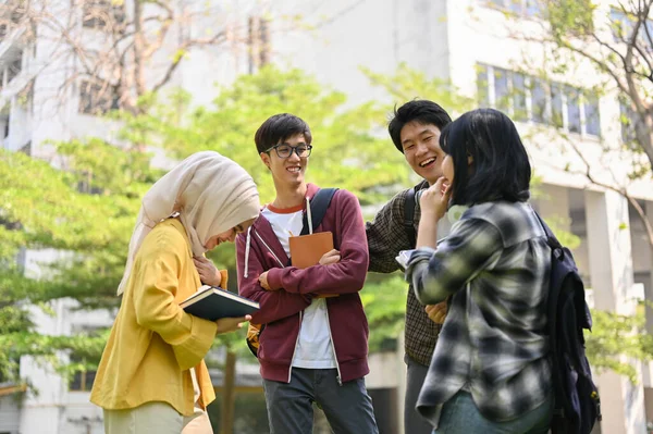 一群快乐快乐的亚裔年轻大学生正享受着在校园公园里聊天的乐趣 — 图库照片