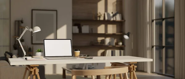 最小的斯堪的纳维亚家庭办公空间室内设计与笔记本电脑白色屏幕模型的白色桌子与装饰 3D渲染 3D说明 — 图库照片