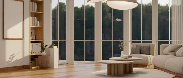 快適なソファ コーヒーテーブル 白い壁に空白のフレームモックアップ 家の装飾と大きな窓を備えた現代的な北欧の広々としたリビングルームのインテリアデザイン 3Dレンダリング 3Dイラスト — ストック写真