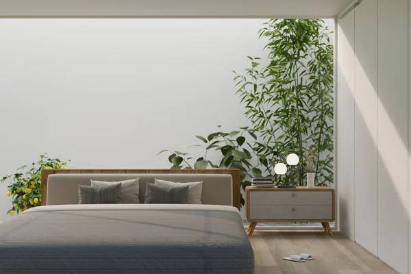 Modernt Lyxigt Sovrum Med Minimal Inomhusträdgård Bakom Inredning Bekväm Säng — Stockfoto