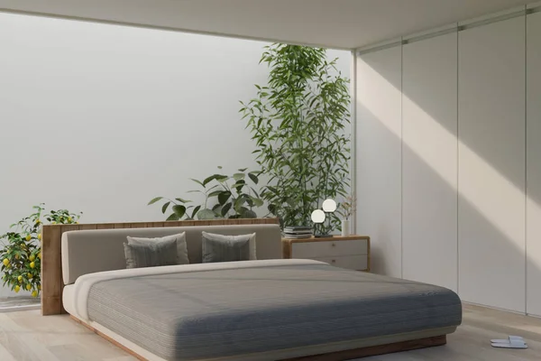 Vista Lateral Dormitorio Moderno Con Jardín Interior Detrás Del Diseño — Foto de Stock