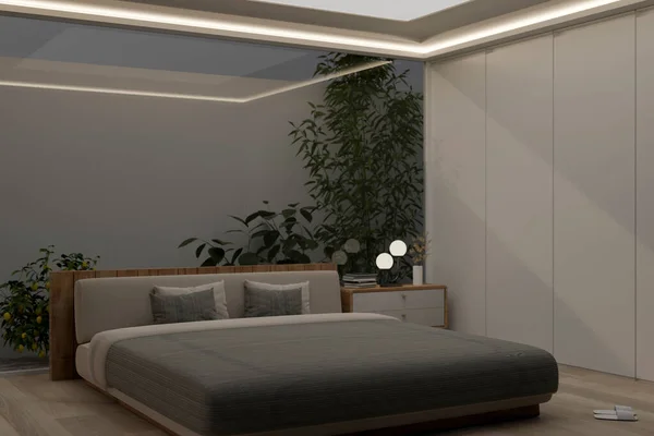 Interior design of a modern bedroom with modern indirect light on ceiling, indoor garden behind the bed and home decor. Bedroom at night concept. 3d render, 3d illustration