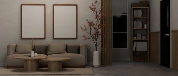 快適なソファ コーヒーテーブル 観葉植物 白い壁と家の装飾に白いフレームモックアップと夜の現代的で現代的な家庭のリビングルームのインテリア 3Dレンダリング 3Dイラスト — ストック写真