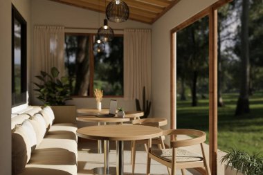 Ahşap masası, rahat koltuğu, güzel doğa manzaralı geniş penceresi, kolyeleri ve dekoru olan güzel, minicik ve rahat bir kafe tasarımı. 3d görüntüleme, 3d illüstrasyon