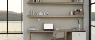 Güzel, minimal ev dekorasyonu dizaynı. Duvara dayalı ahşap bir masa, dekorlu ahşap bir duvar rafı ve en az ahşap sandalyeyle dizayn edilmiş. 3d görüntüleme, 3d illüstrasyon