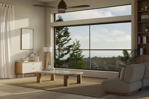 Desain Interior Modern Ruang Tamu Luas Dengan Jendela Besar Kipas — Stok Foto