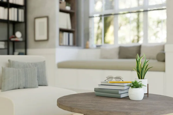 Modern Oturma Odasında Kitap Gözlük Dekor Bitkileriyle Dolu Ahşap Yuvarlak — Stok fotoğraf