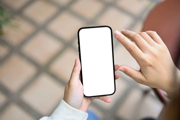 Smartphone White Screen Mockup Woman Hands Blurred Background Close Image — Stock Photo, Image