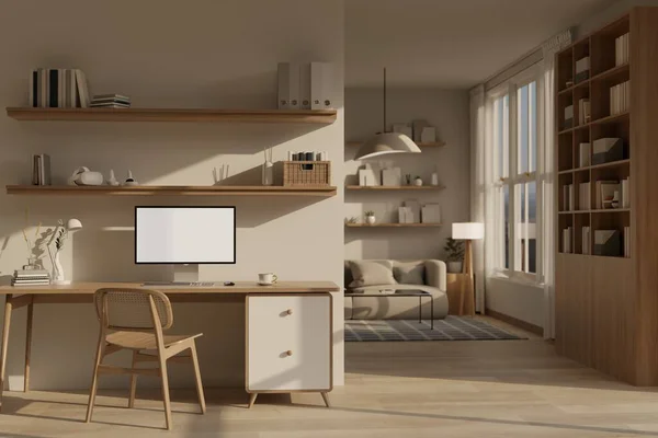 电脑白色屏幕与装饰在木制桌子上舒适的最小的家庭工作空间的模型 3D渲染 3D说明 — 图库照片