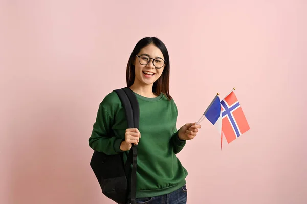 Hezká Usmívající Mladá Asijská Studentka Vysoké Školy Držící Vlajky Francie — Stock fotografie