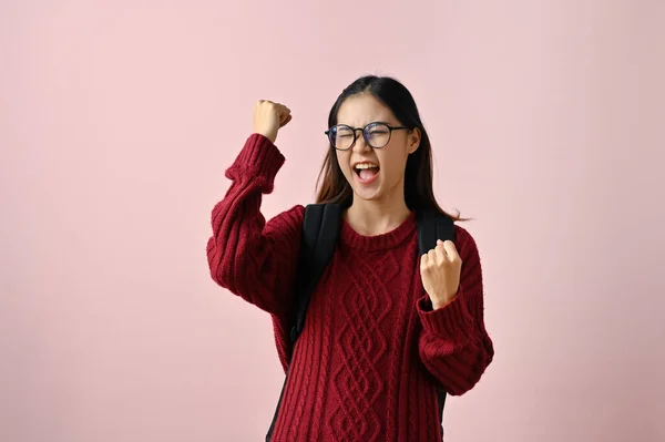 Overjoyed Young Asian Female College Student Clenched Fist Raised Her — Stock Photo, Image