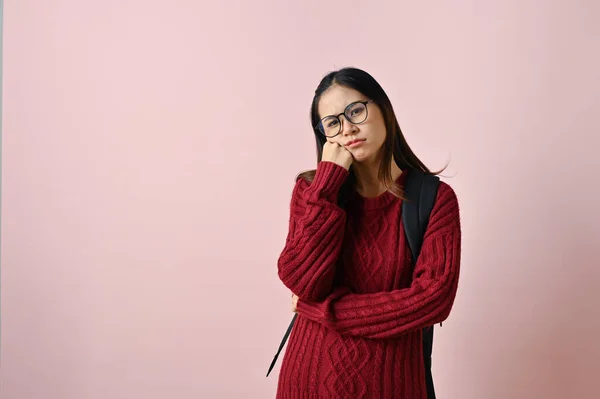 Doubtful Thoughtful Young Asian Female College Student Red Knitted Sweater — Stock Photo, Image