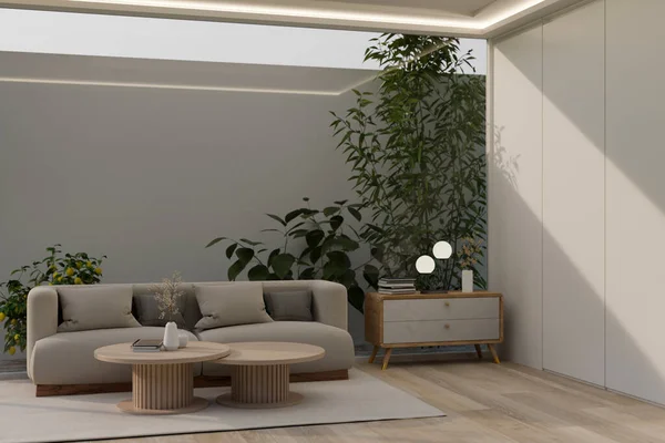 소파와 현대식 거실의 디자인 테이블 그리고 Render Illustration — 스톡 사진