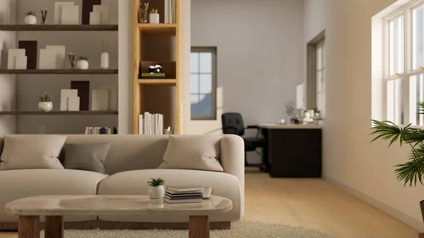 ベージュのソファ 組み込みの棚や家の装飾と現代的な居心地の良いリビングルームでコーヒーテーブルの上に製品表示のためのスペースをコピーします 3Dレンダリング 3Dイラスト — ストック写真