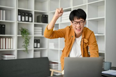 İyi bir haber aldıktan sonra dizüstü bilgisayara bakarken kutlama yapan genç bir adam görüntüsü. 