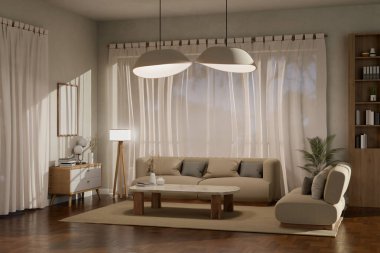 Modern rahat oturma odası, pencerenin yanında modern kanepe ve sehpa var. 3d görüntüleme, 3d illüstrasyon. 