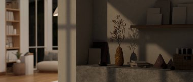 Modern dekorasyonu, vazosu ve çerçevesi raflı modern çağdaş geniş bir oturma odasının iç tasarımı. 3d görüntüleme, 3d illüstrasyon