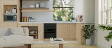 Kanepesi, sehpası ve dekorasyonu olan modern rahat oturma odası mutfak arka planı, yumuşak sabah ışığı olan pencereler. 3d görüntüleme, 3d illüstrasyon. 