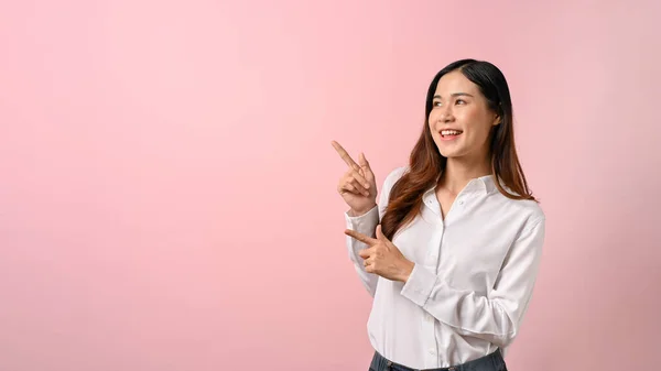 Young Beautiful Asian Woman Wearing White Shirt Pointing Finger Side — Stock Photo, Image