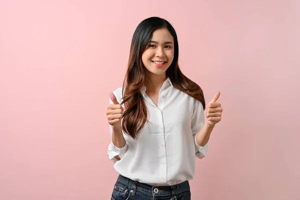 Beautiful Asian Woman Wearing White Shirt Making Thumbs Gesture Pink — Stock Photo, Image