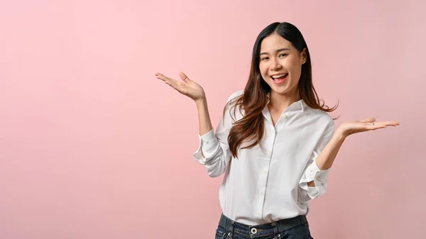 Young Beautiful Asian Woman Wearing White Shirt Spreading Pointing Hands — Stock Photo, Image