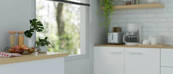 Witte Moderne Minimalistische Keuken Met Koffiezetapparaat Keukengerei Het Aanrecht Keuken — Stockfoto