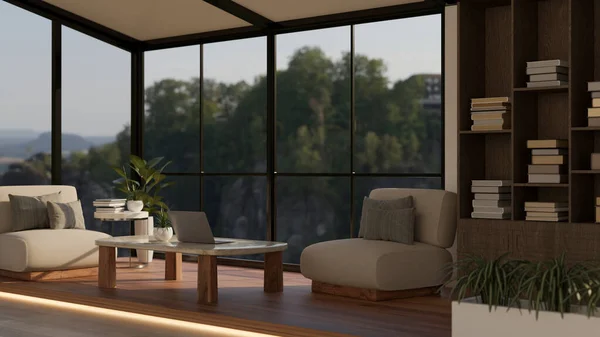 現代的なソファと窓の近くのコーヒーテーブル付きのモダンな快適なリビングルーム 3Dレンダリング 3Dイラスト — ストック写真