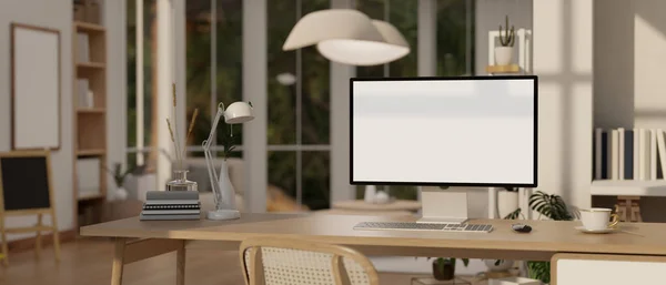 Moderner Home Arbeitsplatz Mit Desktop Computer Mit Weißem Bildschirm Attrappe — Stockfoto