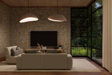 Rahat kanepesi, şık kolyeleri, taştan bir duvarda akıllı televizyonu ve perdeli büyük penceresi olan rahat, sade, klasik bir oturma odasının iç tasarımı. 3d görüntüleme, 3d illüstrasyon