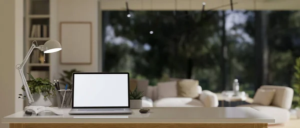 Närbild Studiebordet Modernt Modernt Vardagsrum Med Laptop Blank Skärm Mockup — Stockfoto