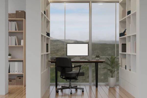 现代最小的办公室或家庭办公室室内设计 电脑空白屏幕模拟在桌子上的大玻璃墙 办公椅 大书架和装饰 3D渲染 3D说明 — 图库照片